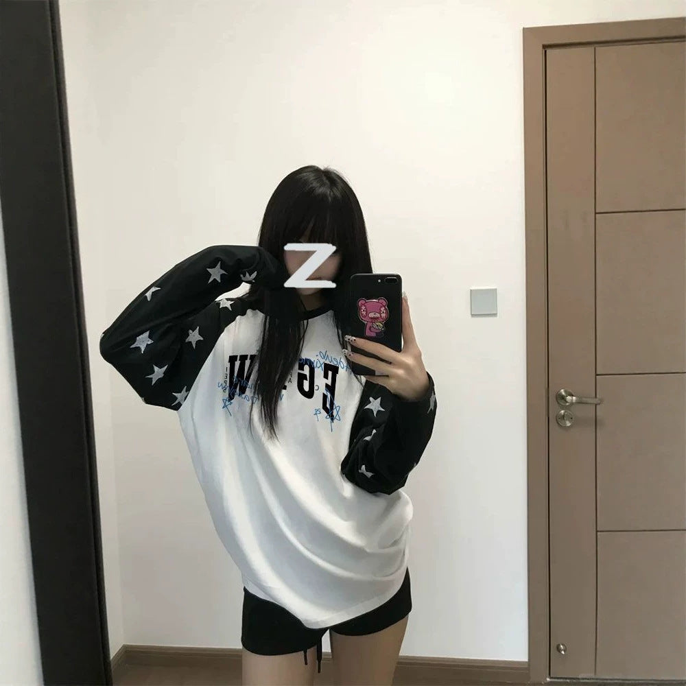 Casual Star Print Long Sleeve Raglan Crew Neck Women's T-Shirt