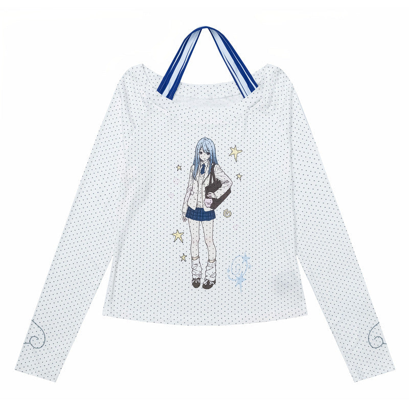 Hanging neck off shoulder long sleeved base T-shirt