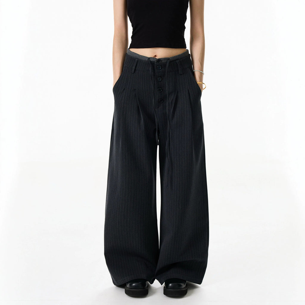 Summer Double Waistband Design Striped Casual Dress Pants for Men, High-End Loose Pleated Wide-Leg Suit Trousers