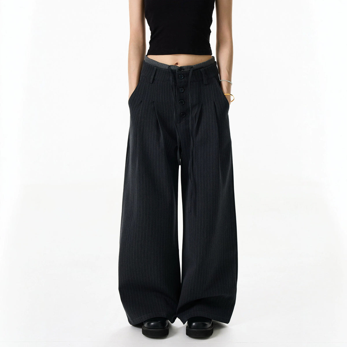 Summer Double Waistband Design Striped Casual Dress Pants for Men, High-End Loose Pleated Wide-Leg Suit Trousers