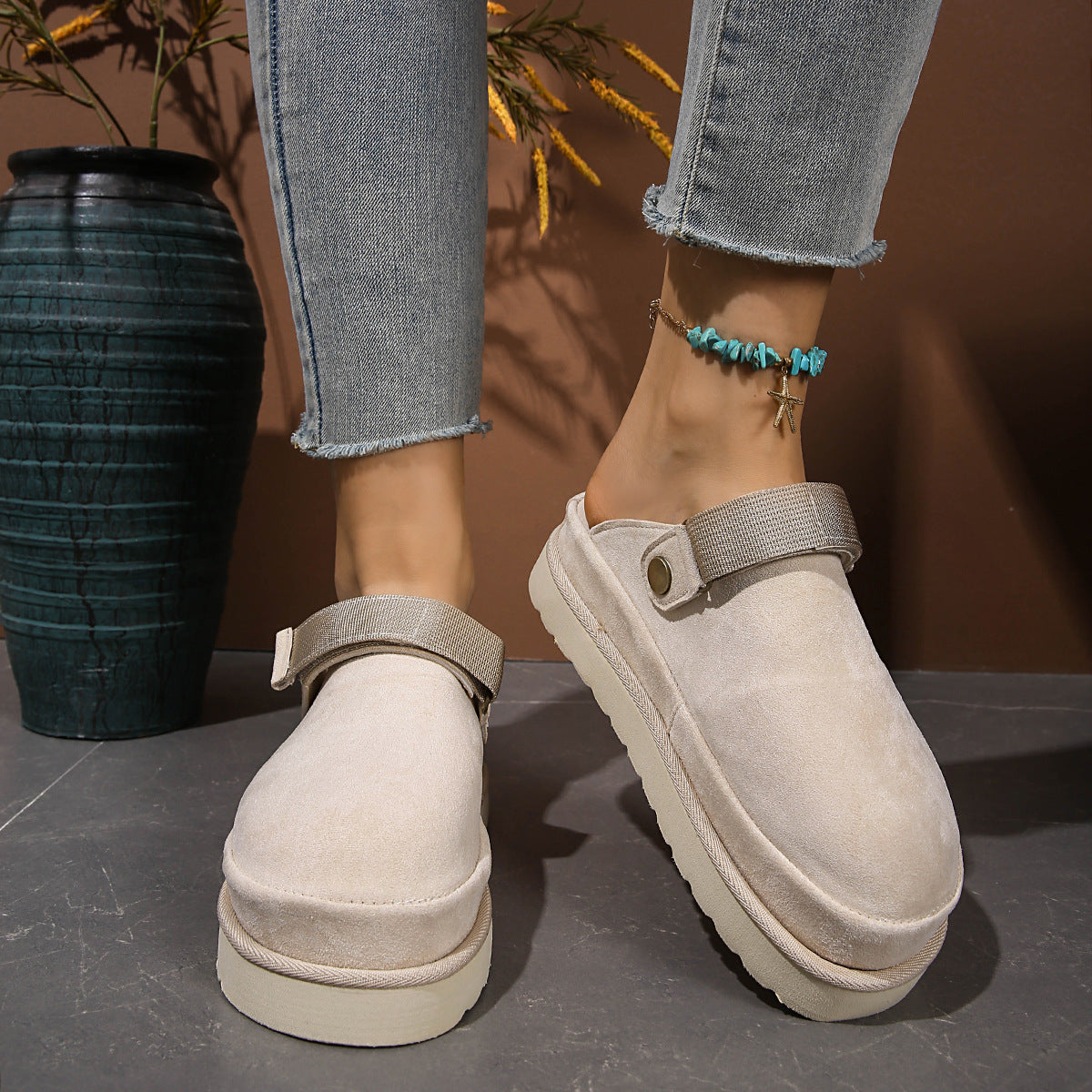 Thick-soled Canvas Slip-On Moccasin-Style Half Slippers for Women