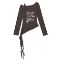 Irregular ribbon hem slanted collar long sleeved t-shirt for women