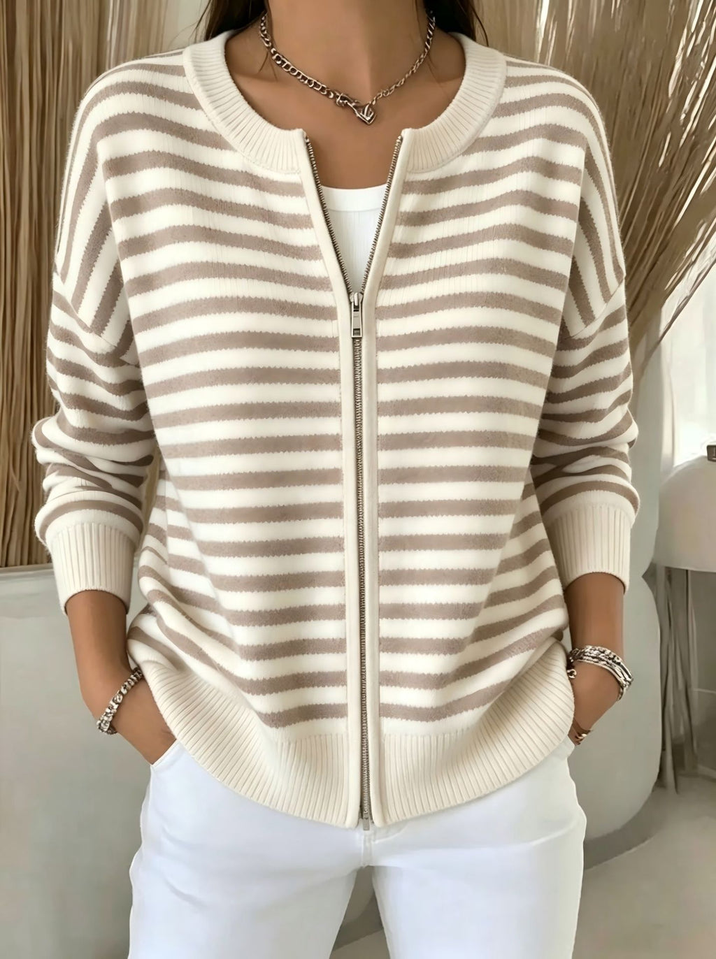 Striped zipper knitted cardigan for women