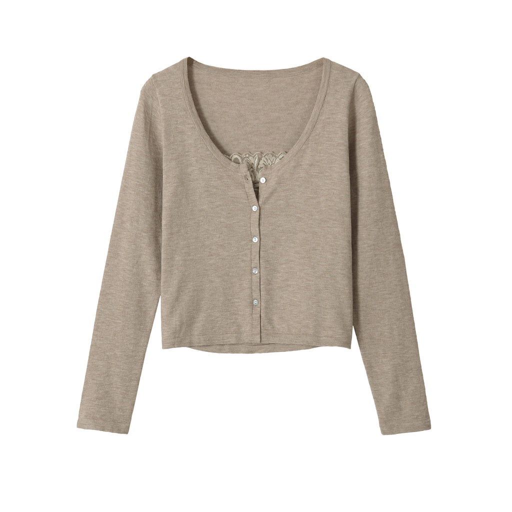 Long sleeved V-neck lace patchwork top