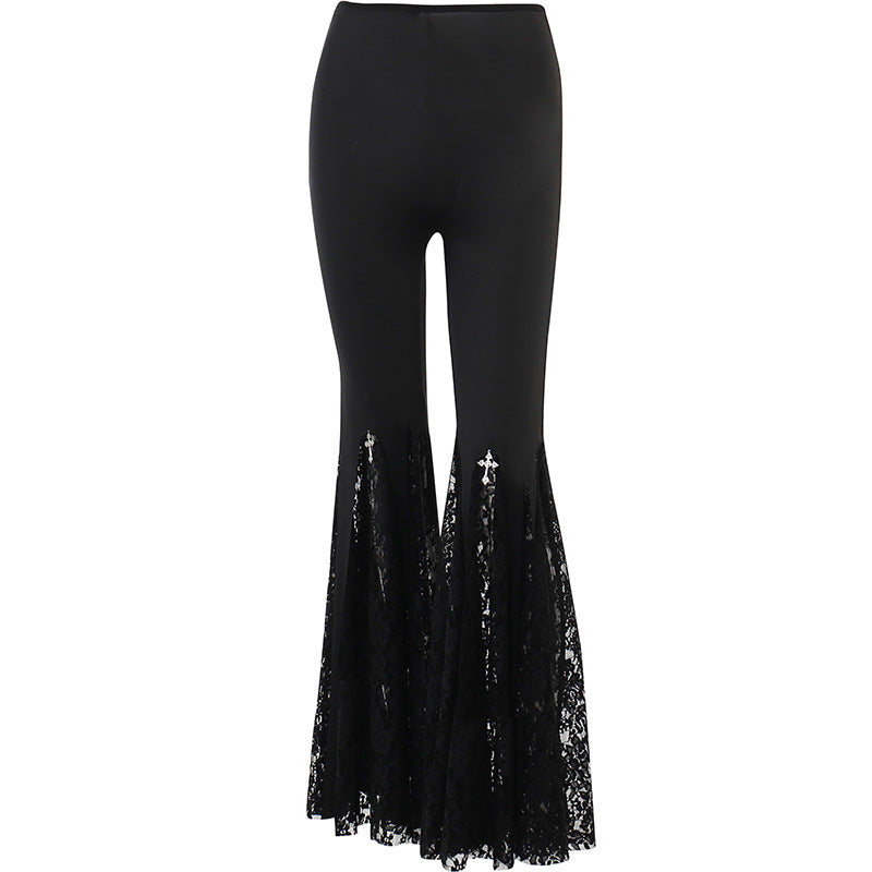 High Waist Lace Cut-Out Black Flared Long Pants Dark Punk Style Straight Leg Trousers