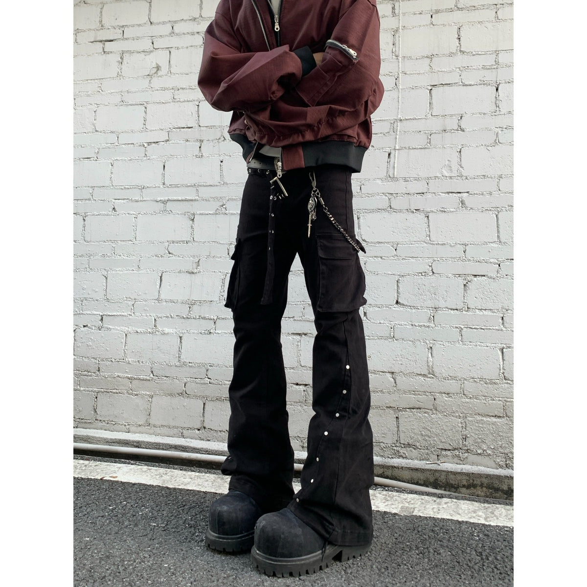 Black Studs Patchwork Workwear Denim Pants