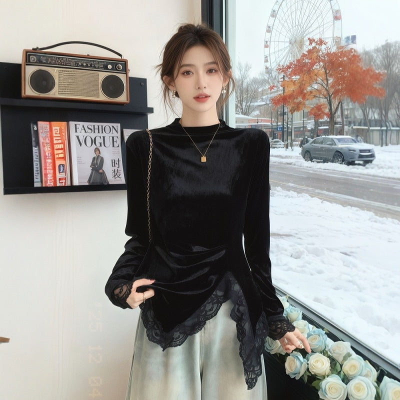 Women's Premium Velvet Mock Neck Long Sleeve Top with Lace Trim | Elegant Chic Design