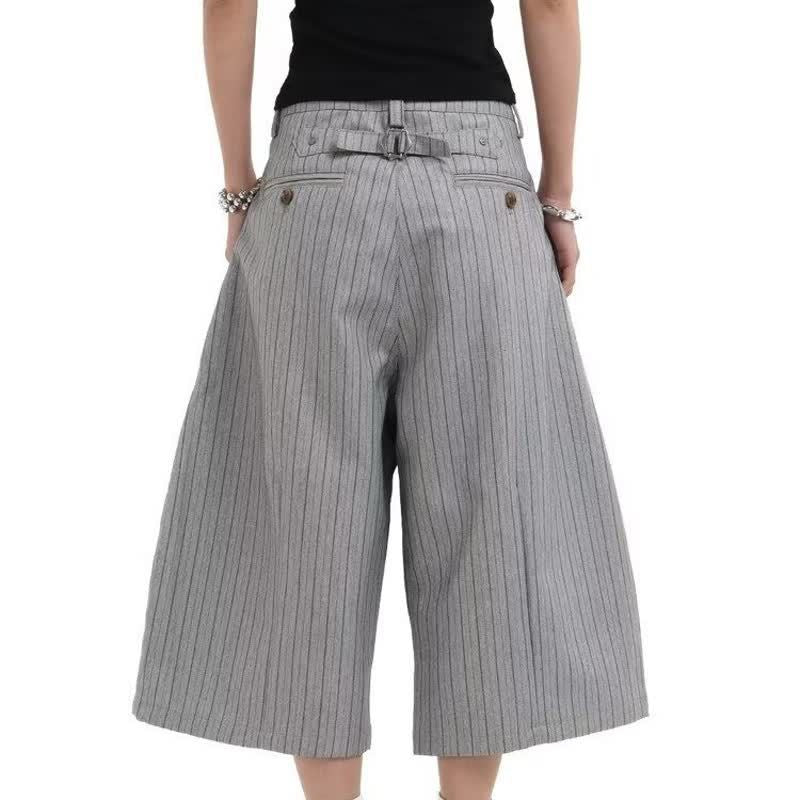 Gray Suit Shorts for Men, Retro Loose Casual Striped Seven-Quarter Pants