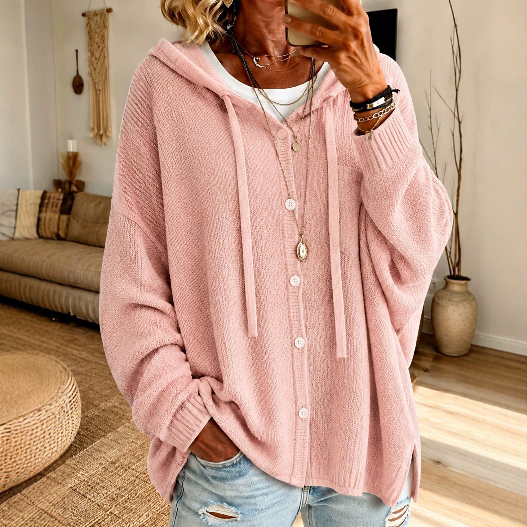 Button knit hooded sweater cardigan jacket