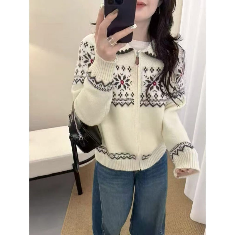 Polo collar zipper loose sweater jacket