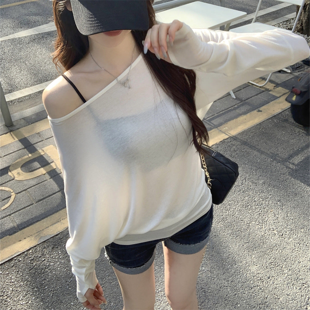 White Long Sleeve Batwing Asymmetrical Neck Loose Fit Lightweight Women's Sun Protection Top