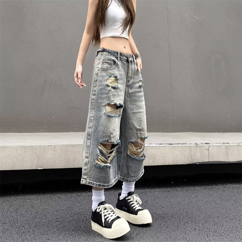 Street ripped wide-leg denim shorts for men and women