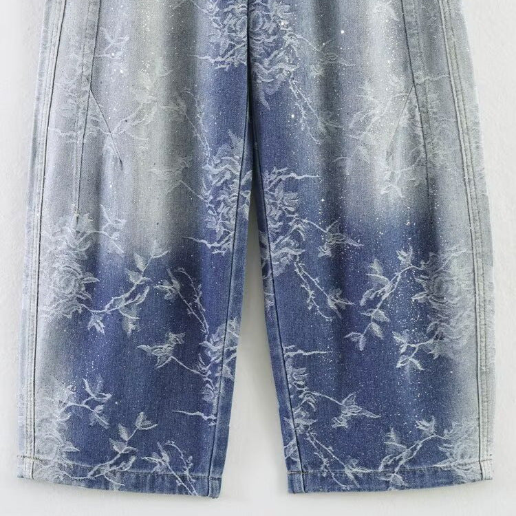 Casual non elastic jacquard shiny silver curved knife pants