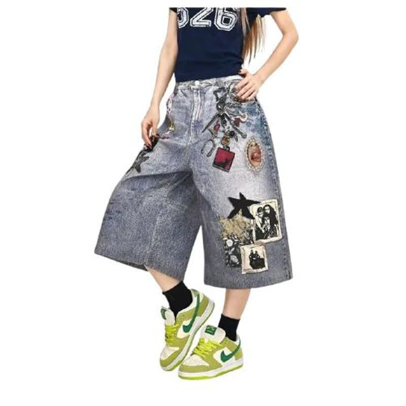 3D Printed Patchwork Denim Shorts for Men and Women