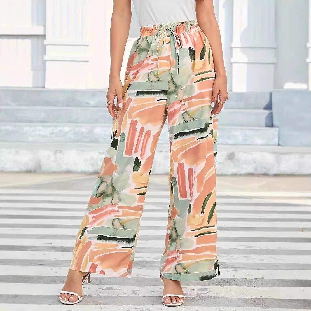 Elastic waist wide leg pants