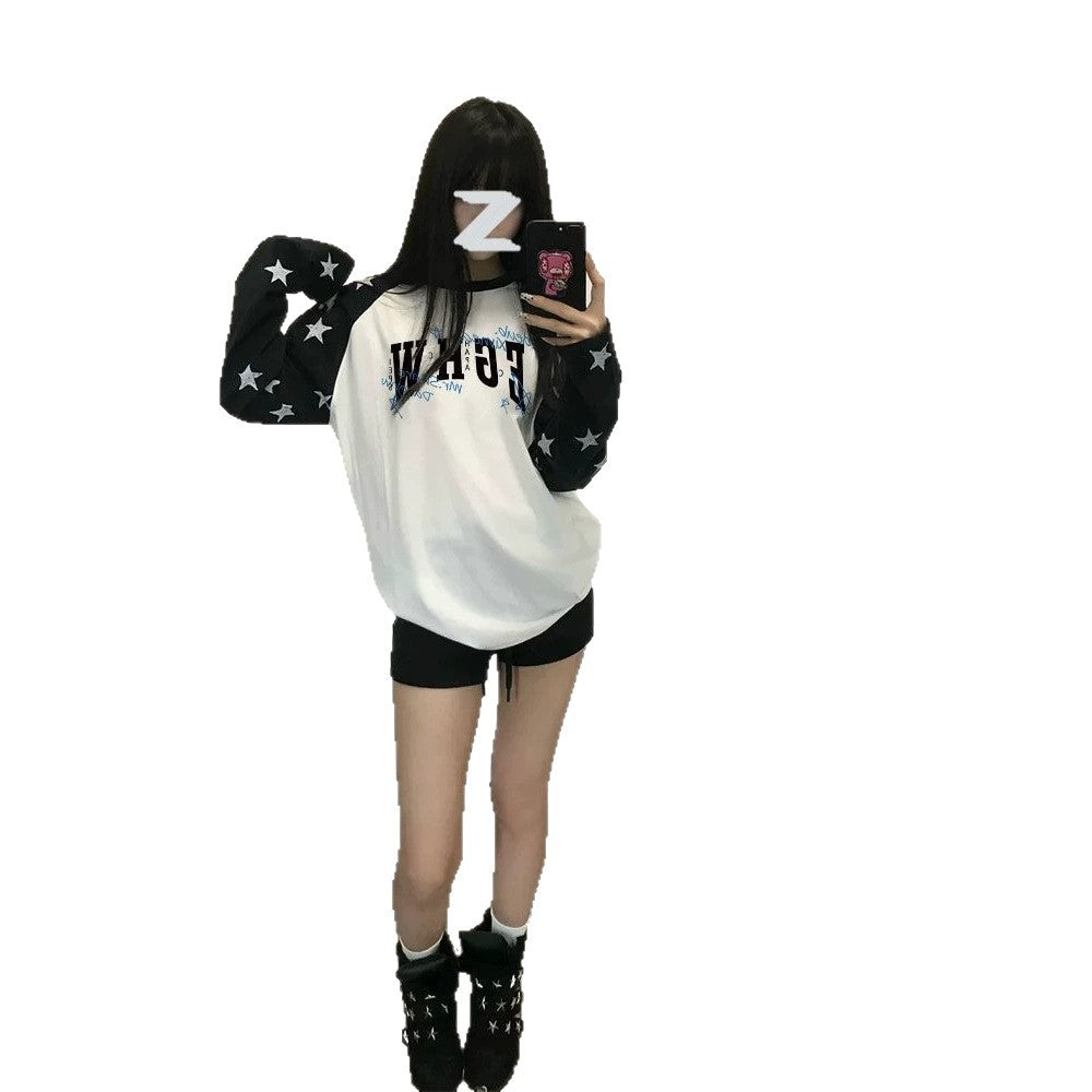 Casual Star Print Long Sleeve Raglan Crew Neck Women's T-Shirt