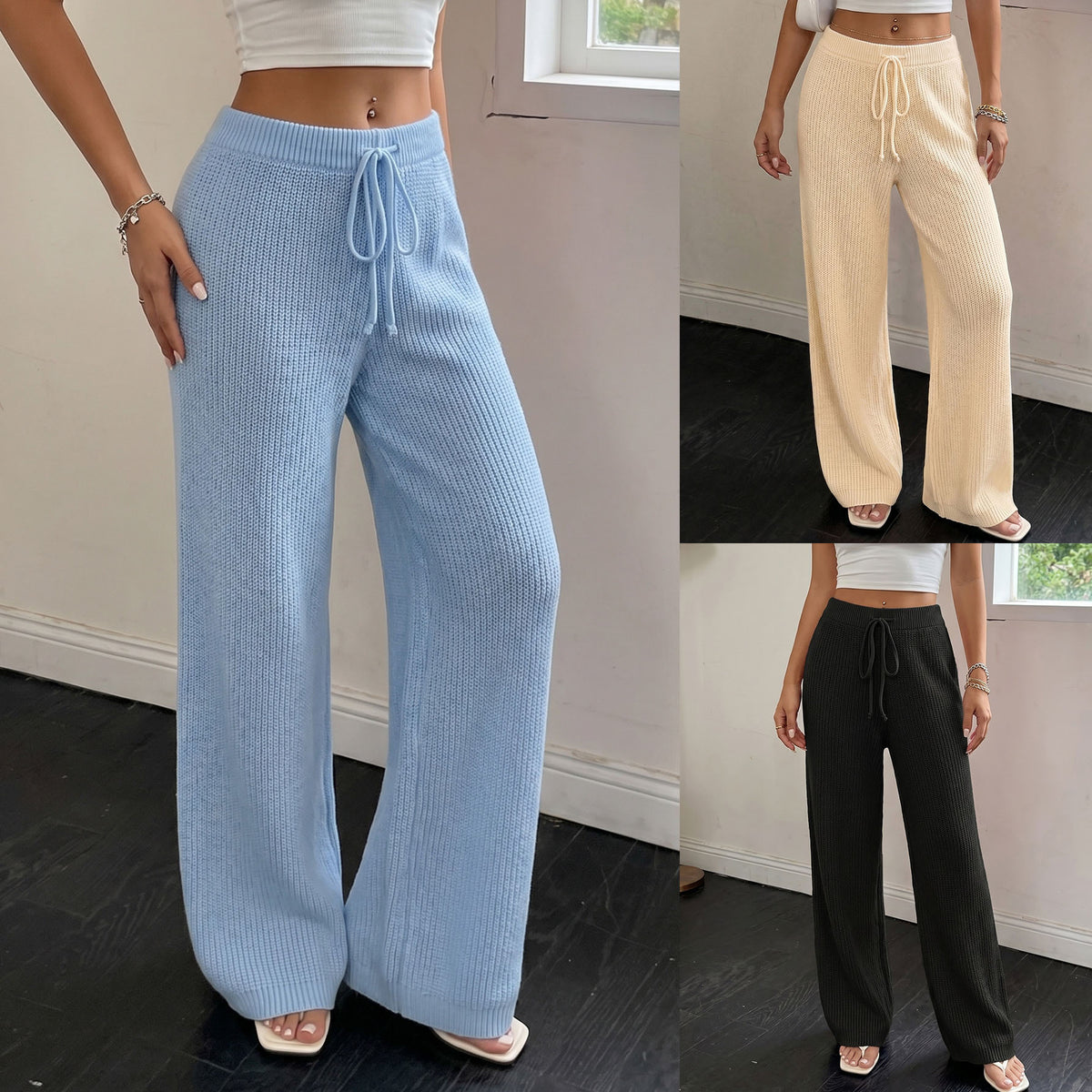Pants for Women, Woven Drawstring Tie Waist Sweater Pants, Straight Leg Wide Leg Trousers