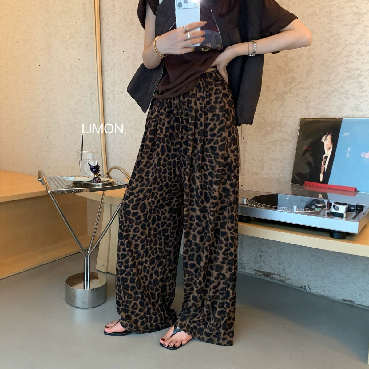 Retro Leopard Print Wide Leg Pants Women Early Autumn Straight Leg High-Drape Tencel Casual Loose Floor-Length Pants