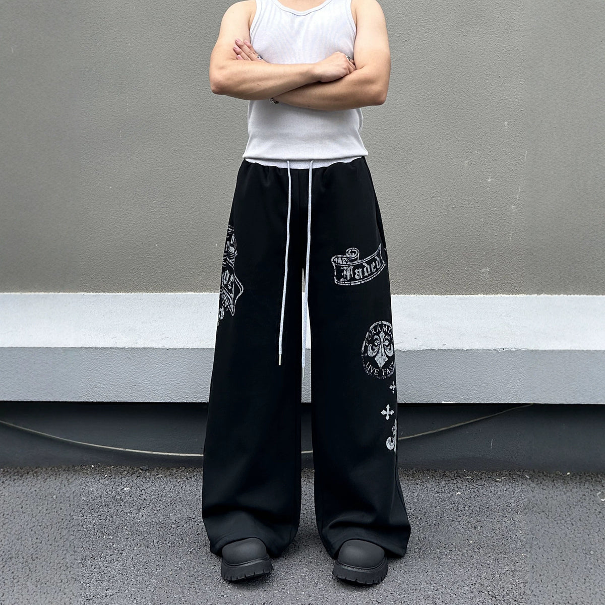 Retro Patchwork Color-Blocking Waistband Casual Pants Men's Printed Sweatpants Fashion Brand Versatile Sport Long Pants