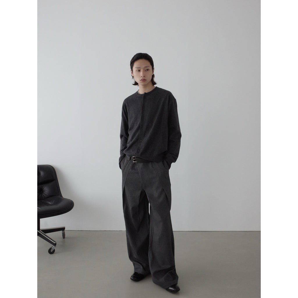 Vintage High-Intellect Design Pleated Trousers Clean Fit Drape Casual Pants Loose Wide-Leg Long Pants