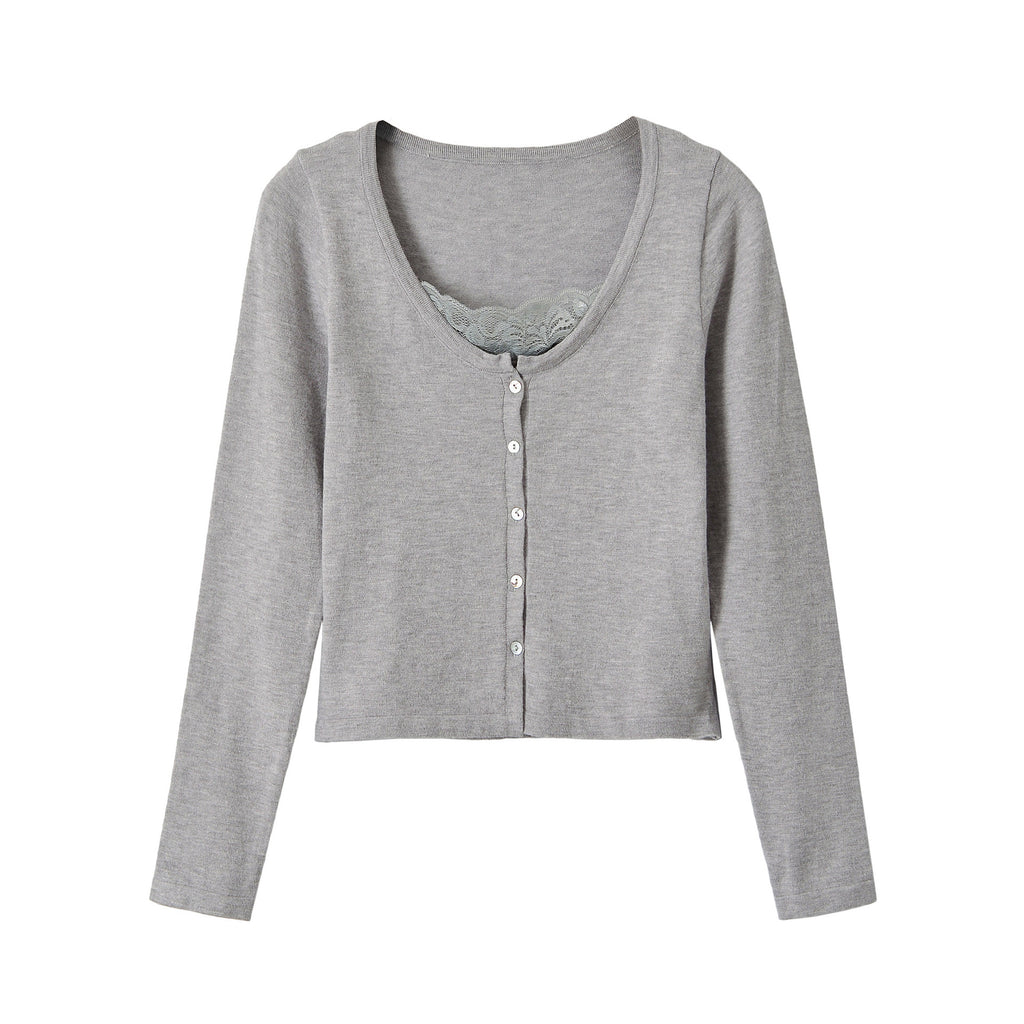 Long sleeved V-neck lace patchwork top