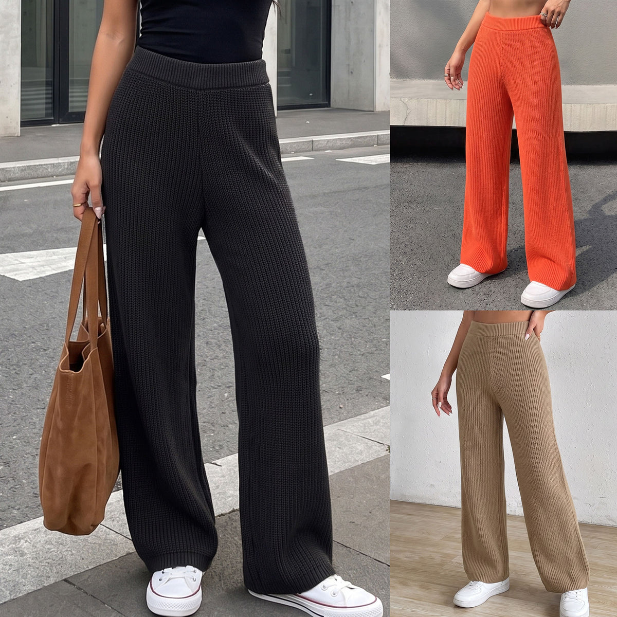 Ladies' Knitted Pants Casual Straight Leg Wide Leg Mid-High Waist Long Pants