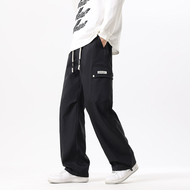 Spring and Autumn Trendy Men's Fashion Patch Pocket Cargo Pants, Plus Size, Loose Fit, Casual Sporty Trousers