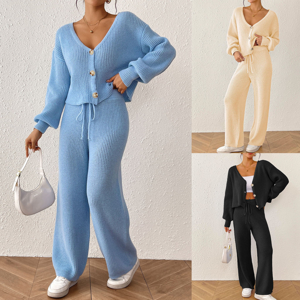 Women's Pure Color Elegant Two-Piece Set Short Top Loose Cardigan Straight Leg Drawstring Pants