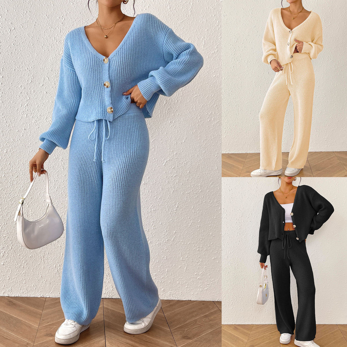 Women's Pure Color Elegant Two-Piece Set Short Top Loose Cardigan Straight Leg Drawstring Pants