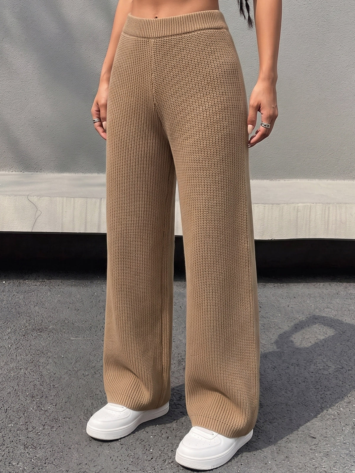Ladies' Knitted Pants Casual Straight Leg Wide Leg Mid-High Waist Long Pants