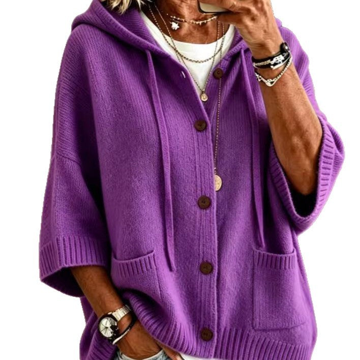 Hooded sweater cardigan solid color casual jacket for women