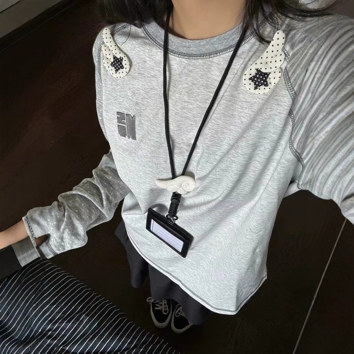 Polka Dot Stripe Angel Wing Print Long Sleeve Women's T-Shirt