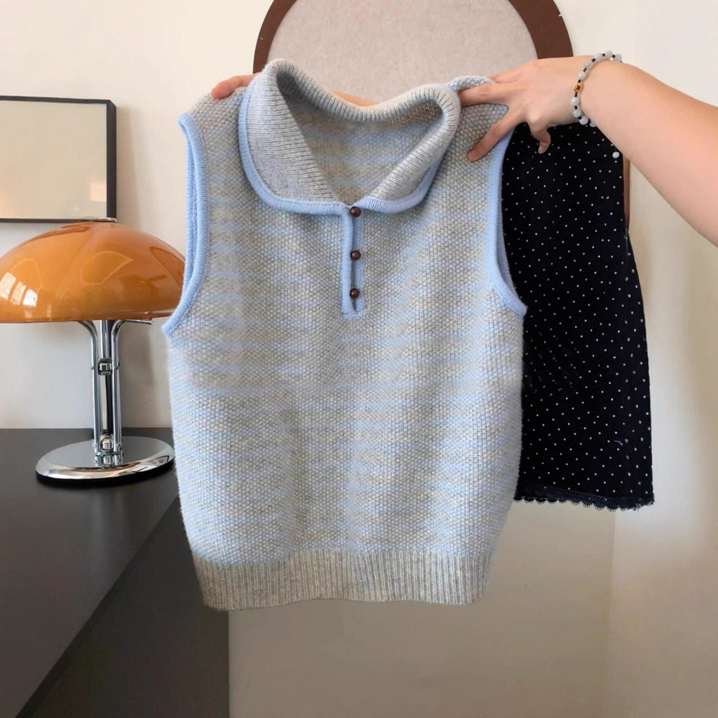 Striped polo collar vest knit sleeveless camisole top with inner lining
