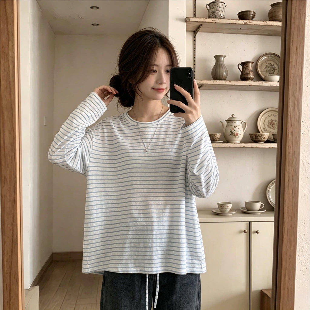 Women's Long Sleeve Striped T-Shirt Loose Fit Hollow Out Lace Up Lightweight Sun Protection Cover Up Top