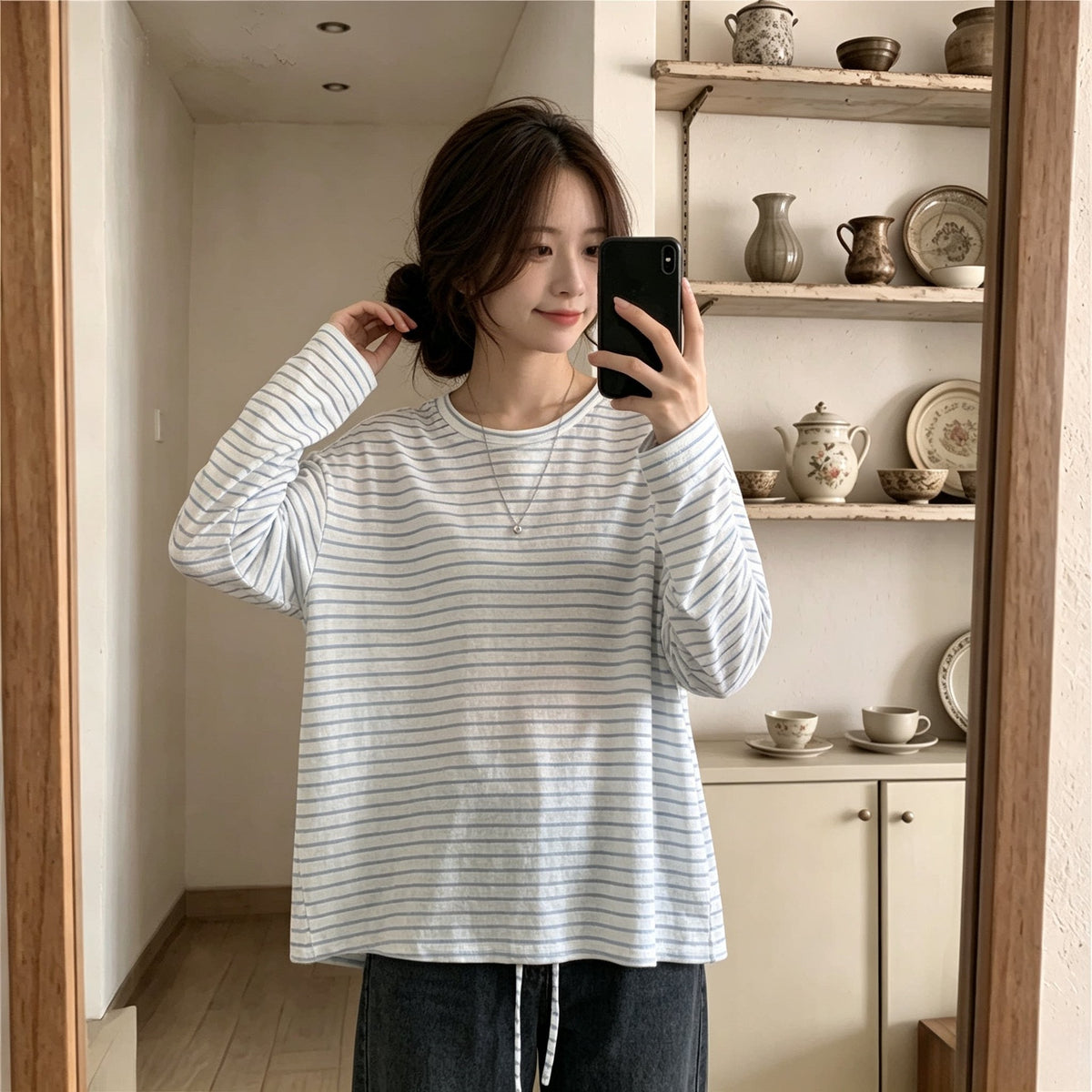 Women's Long Sleeve Striped T-Shirt Loose Fit Hollow Out Lace Up Lightweight Sun Protection Cover Up Top