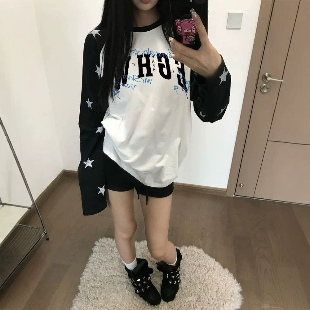 Casual Star Print Long Sleeve Raglan Crew Neck Women's T-Shirt