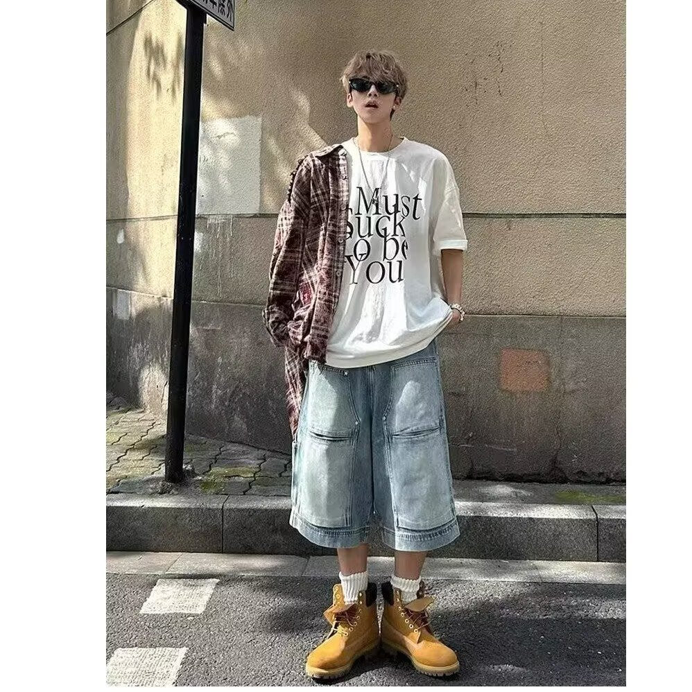 Denim Shorts Men High Street Straight Leg Lumberjack Pants