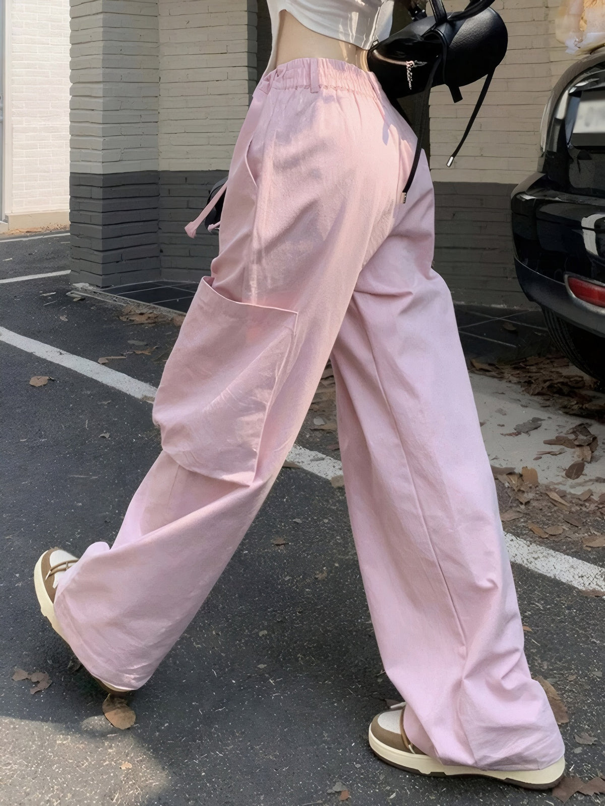 High waisted lace up multi pocket straight leg pants