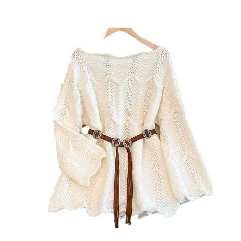 Lace one shoulder pullover knitted sweater for women
