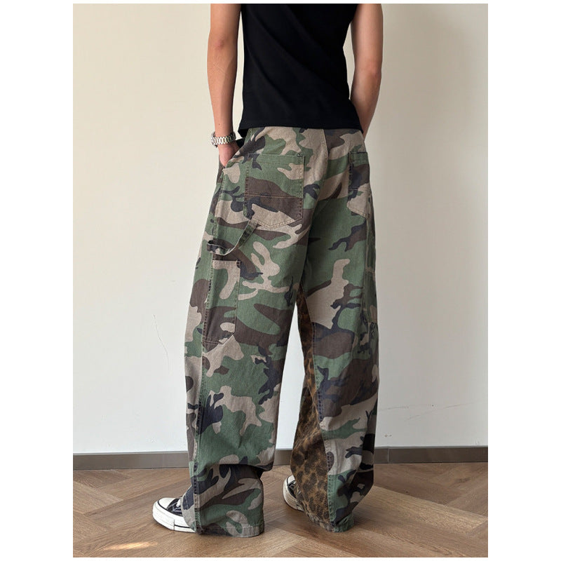 Men's Summer Leopard Print Patchwork Loose Casual Versatile Fashion Color-blocked Denim Pants