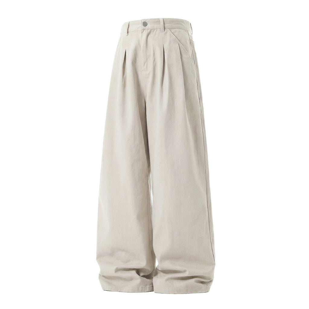 Vintage Simple Versatile Double Pleat Casual Pants for Men Spring Basic Wide Leg Loose Texture Straight Fit Long Trousers