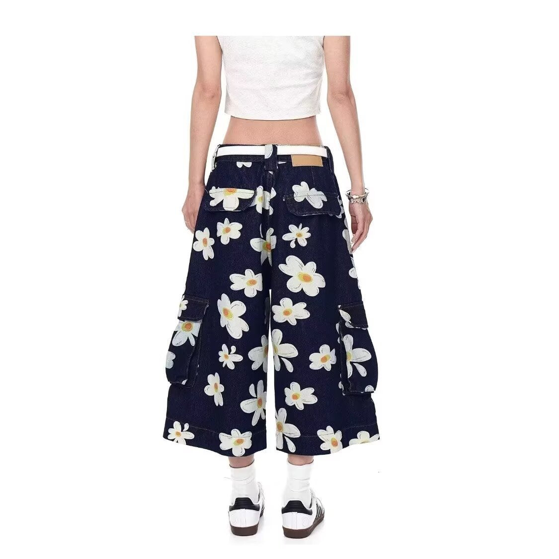 Daisy Print Denim Pants Men Women Loose Seven-Eighth Pants