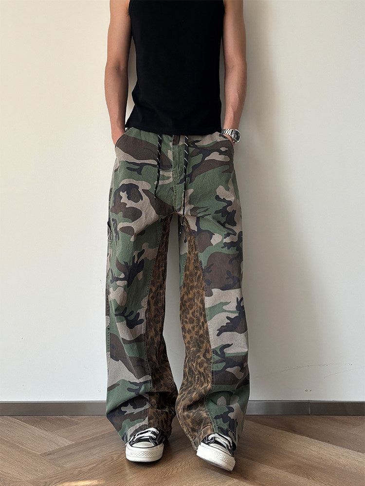 Men's Summer Leopard Print Patchwork Loose Casual Versatile Fashion Color-blocked Denim Pants