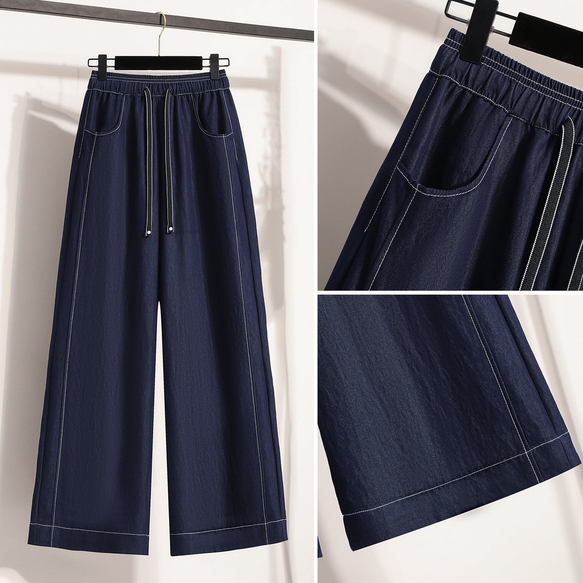 Linen-like Rayon Wide Leg Pants for Women, High Waist, Straight Leg, Color-Blocked Topstitching, Flowy and Lightweight Tencel Trousers