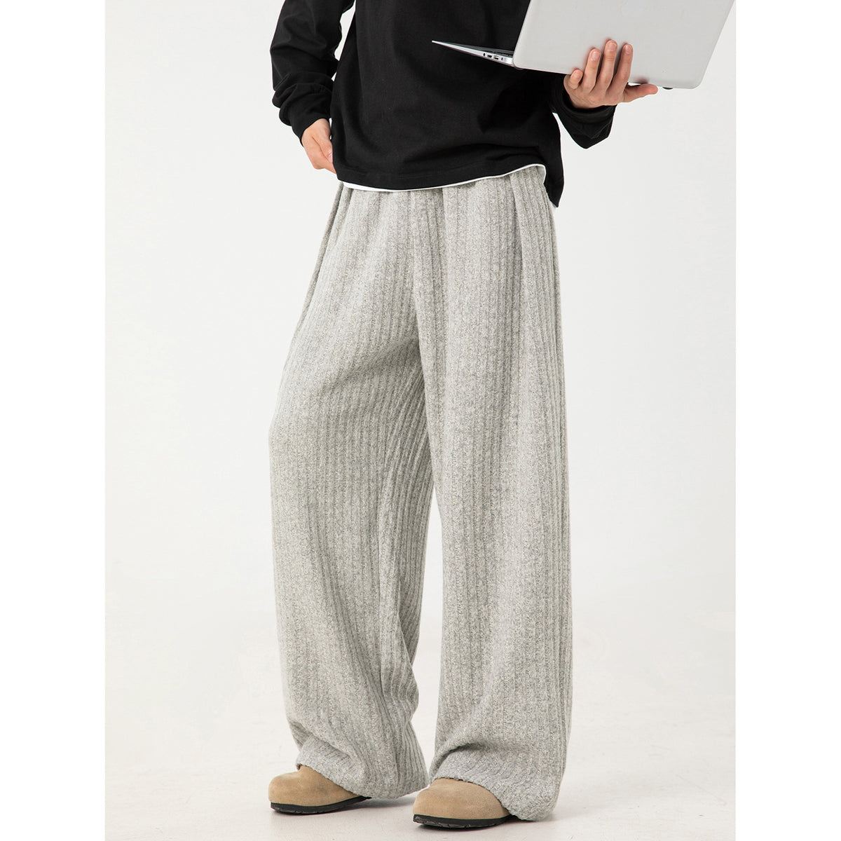 Fleece Loose Drape Casual Pants for Men, Autumn New Heavyweight Quality Sweatpants with Pleated Design, Fashion Brand Long Pants