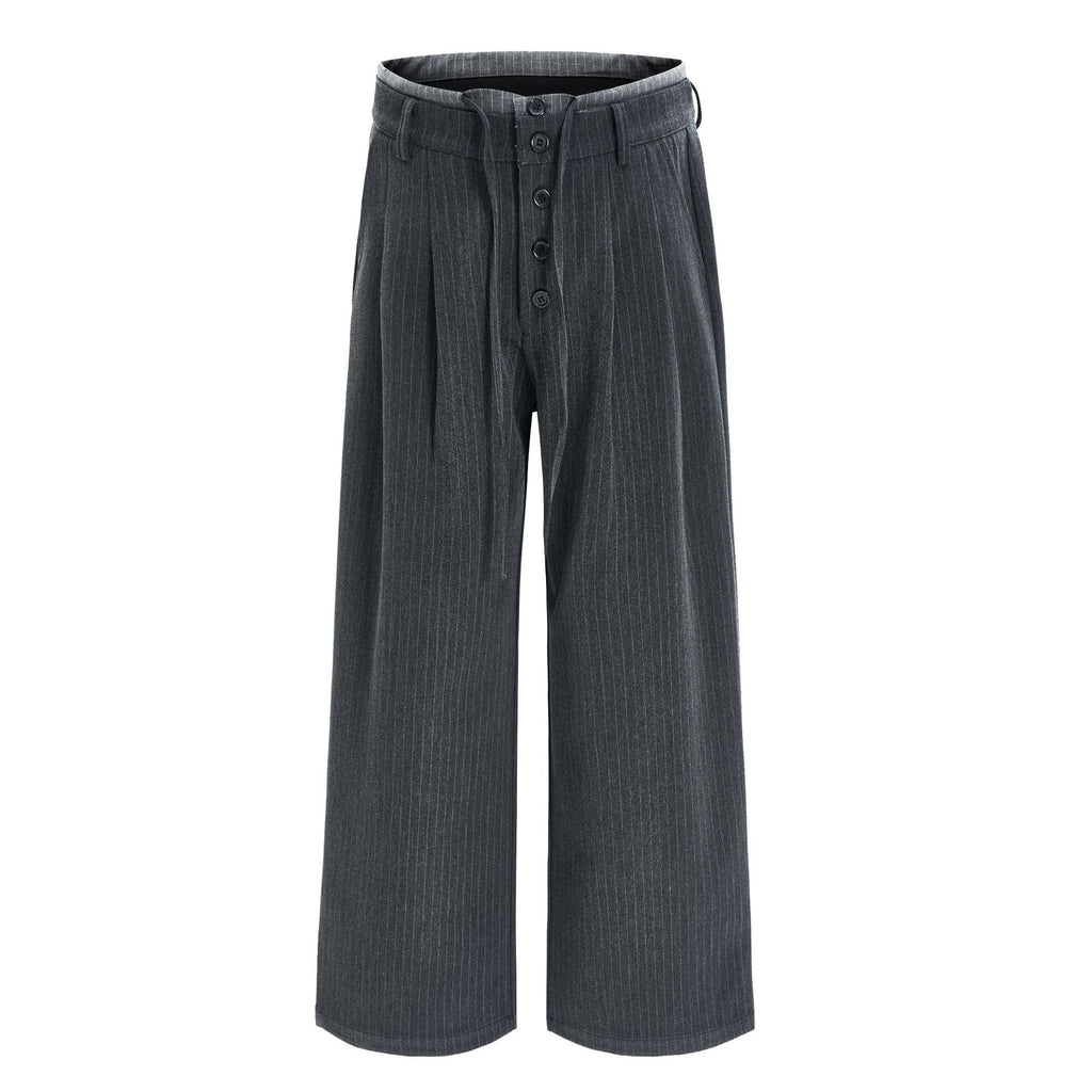 Summer Double Waistband Design Striped Casual Dress Pants for Men, High-End Loose Pleated Wide-Leg Suit Trousers