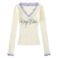 V-neck lace patchwork long sleeved knitted sweater for women