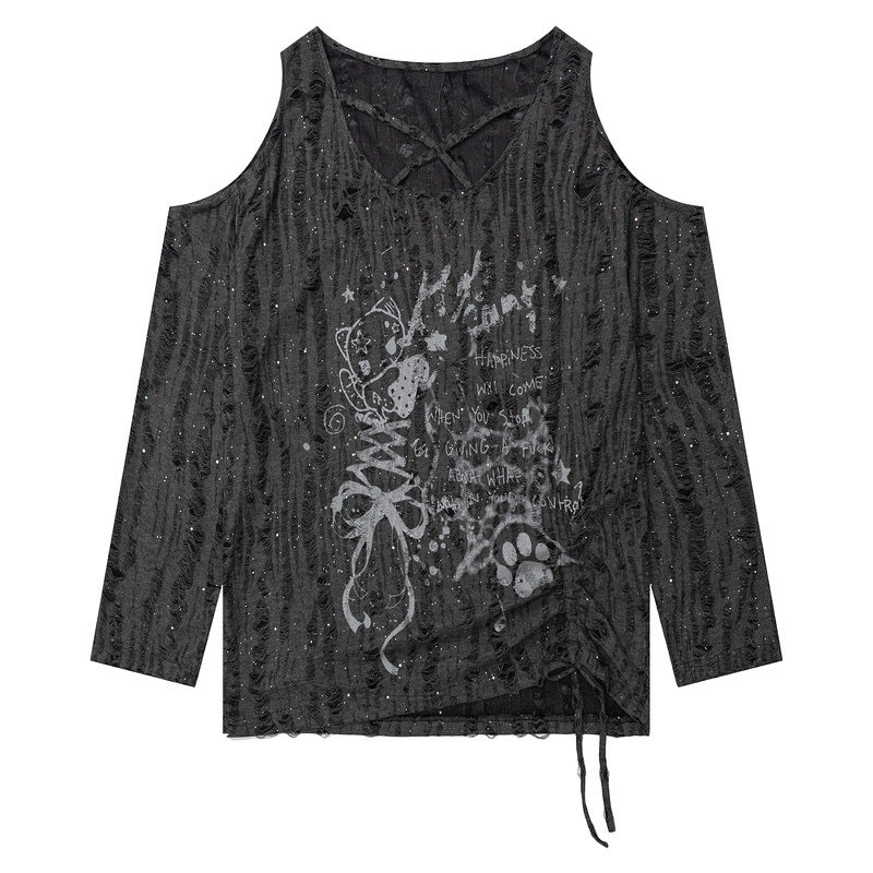Rice white texture off shoulder long sleeved T-shirt