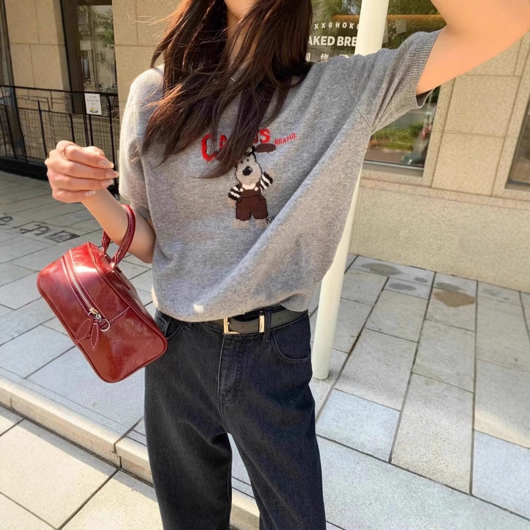 Cartoon Dog Short Sleeve Knitted Shirt for Women