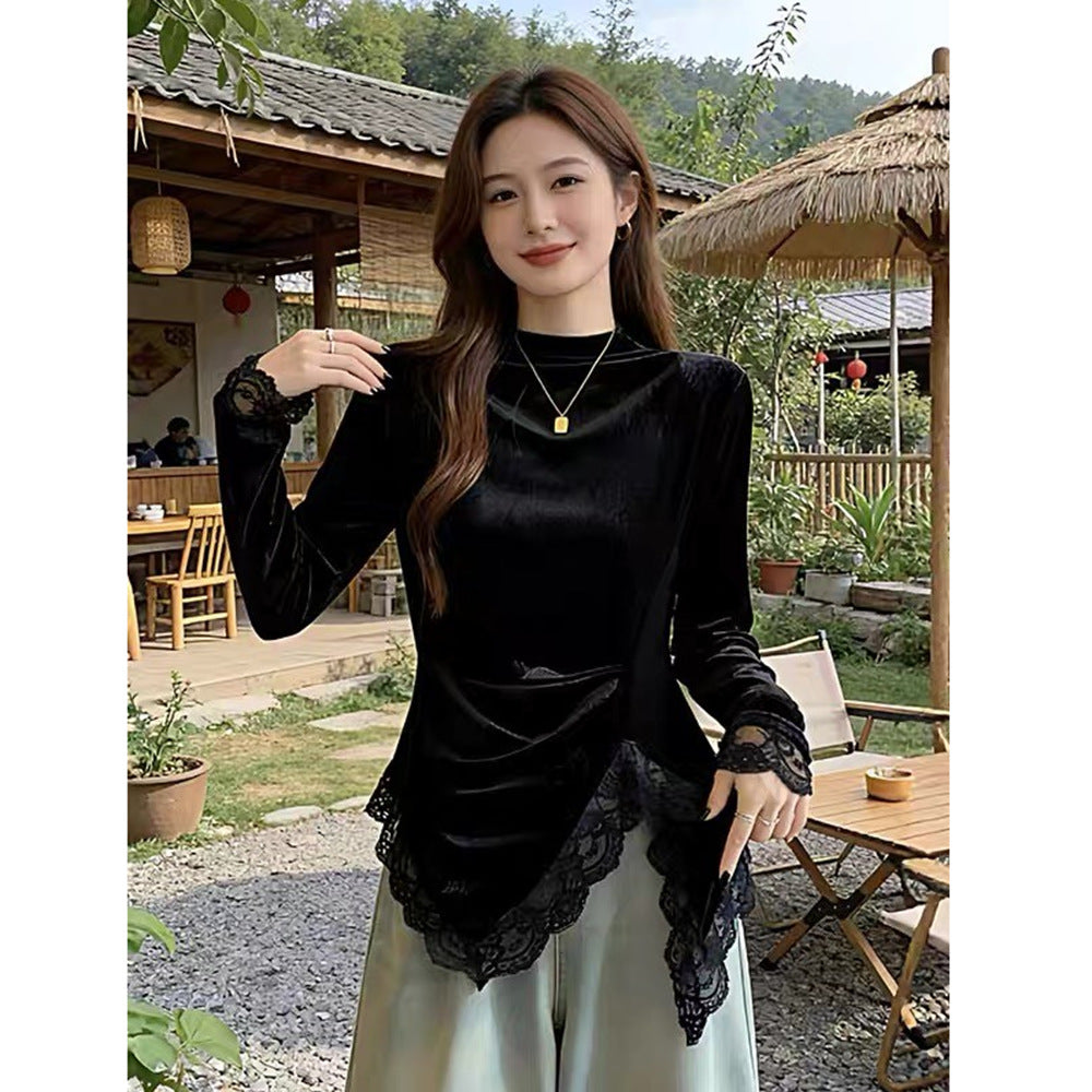 Women's Premium Velvet Mock Neck Long Sleeve Top with Lace Trim | Elegant Chic Design